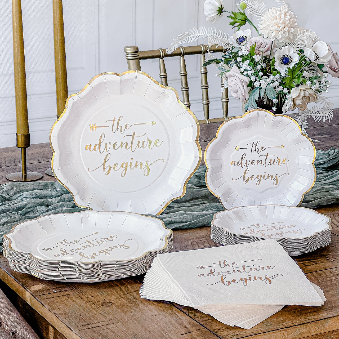 The Adventure Begins 72 Piece Party Tableware Set (24 Guests) - Main Image | My Wedding Favors